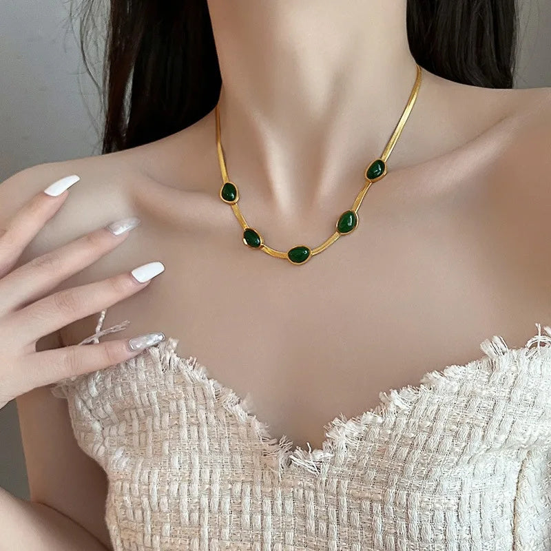 Green Stone Crystal Snake Chain Necklace: Boho Fashion Jewelry Gift